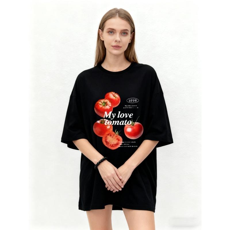 Oversized T Shirt Black Tomatoes Print With My Love Tomatoes Text Casual Wear For Women Summer Outfits Streetwear Fashion Trendy Top