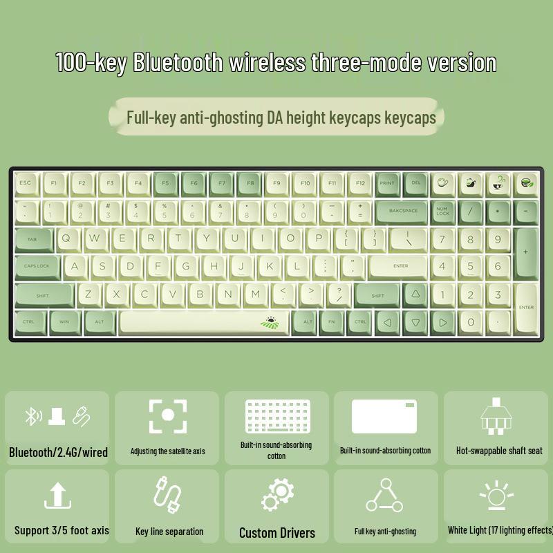 Wireless Bluetooth Mechanical Keyboard - 100-Key, Three-Mode, Compact Design, Office Customizable, Hot-Swappable Switches
