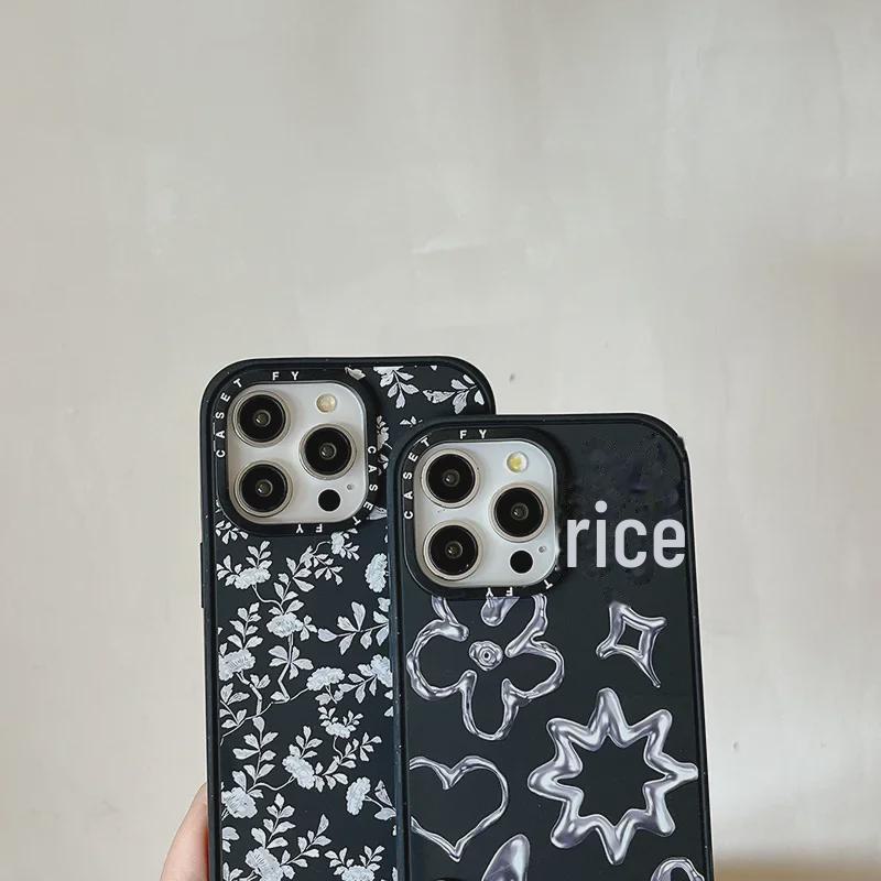 Matte Black Magnetic Metal Floral Graffiti Case for Apple iPhone 14, 15 Pro, 16 Pro Max