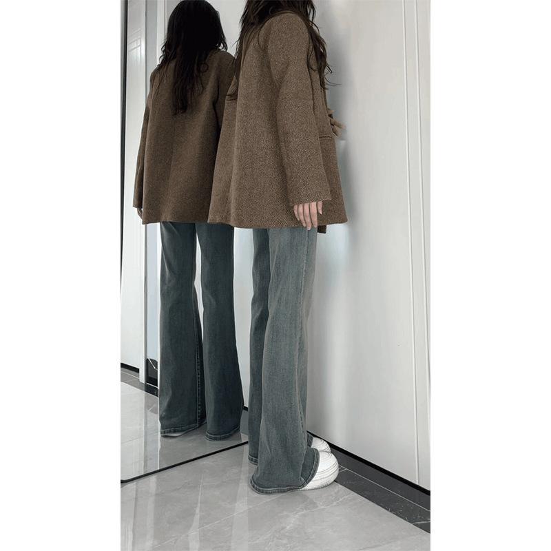 Women High Waist Stretch Flare Jeans Fall Slimming Draped Bootcut Floor Length Denim Pants For Pear Shaped Body