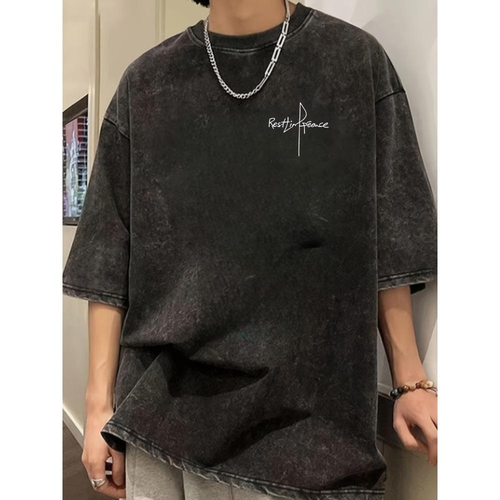 Summer Washed Cotton Men's Tshirt Rest in Pea Letter Pattern Print Soft Fabric Street Fashion Commuting