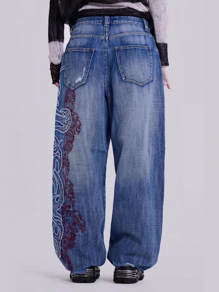 Y2K Embroidery Design Loose Floor-Length Unisex Jeans