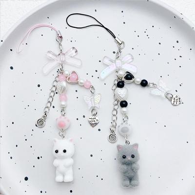 Flocking 3D Kitten Mobile Phone Chain Anti Lost Cat Cell Phone Charm  Backpack Ornament