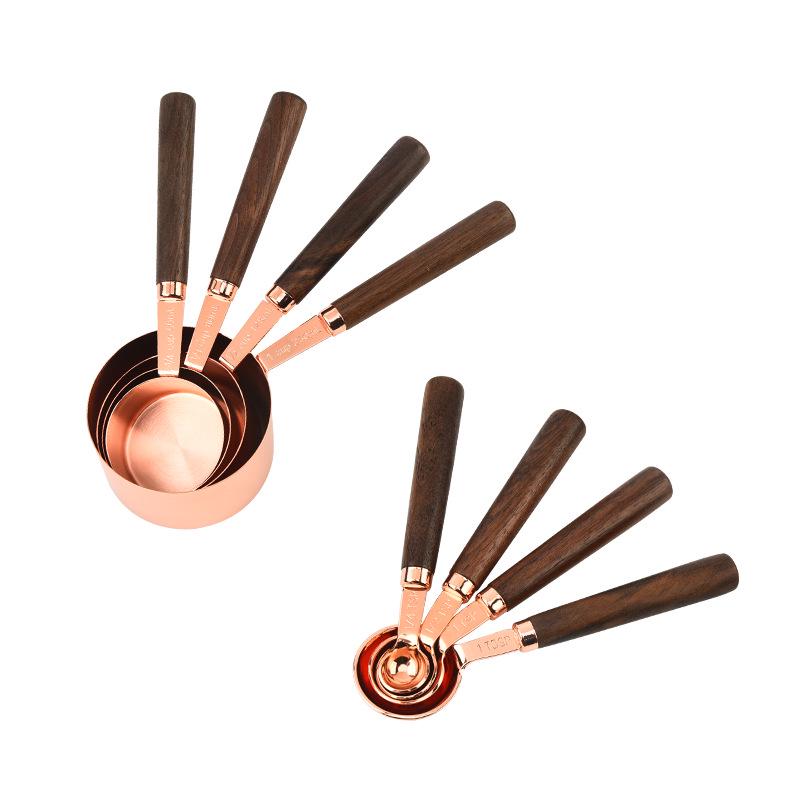8-Piece Walnut Wood and Stainless Steel Measuring Cup and Spoon Set - Includes 15ml, 30ml Coffee and Baking Spoons