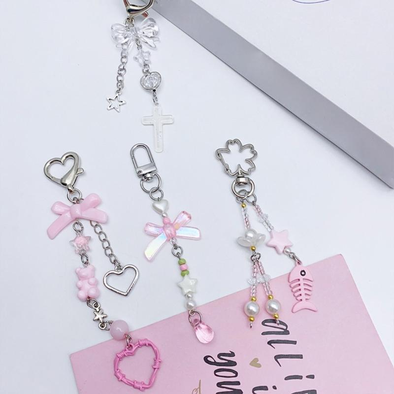 Butterfly Beaded Phone Lanyard Bowknot Pendant Wrist Strap Detachable Phone Chains Keyring Portable Accessory for Women