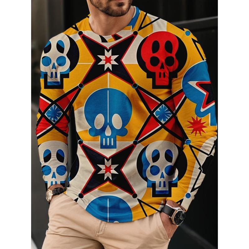 Cool Cartoon Graffiti Print T Shirt For Men Skull Robot Pattern Tees Autumn Casual Long Sleeves O-Neck Tops Loose T-Shirts