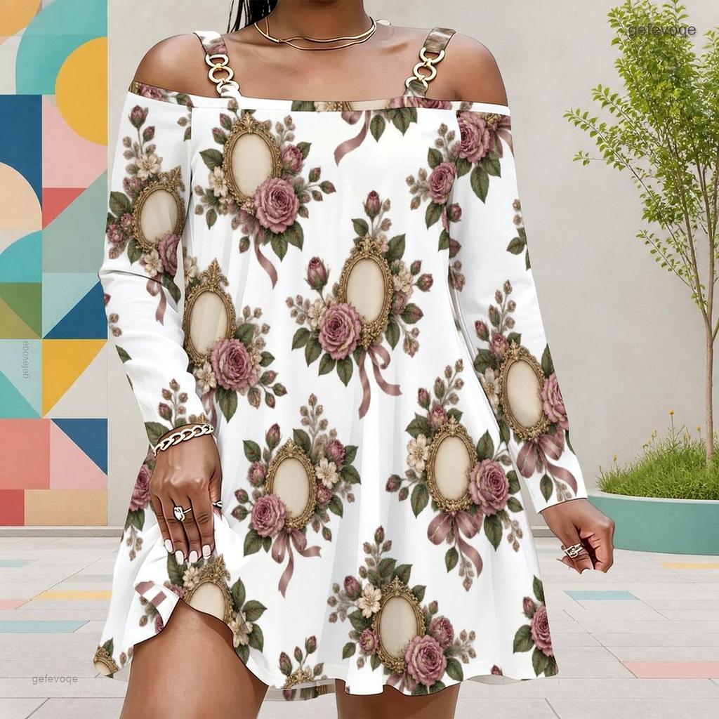 Women Plus Size White Floral Printed Cold Shoulder Long Sleeve Dress