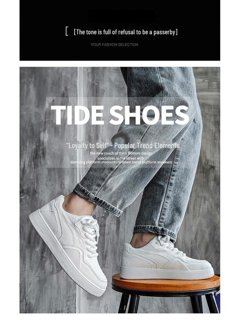 Men's Thick-Soled Black Low-Top Sneakers - Autumn Wear-Resistant, Soft-Soled, Versatile, Height-Boosting & Trendy Footwear for Students.
