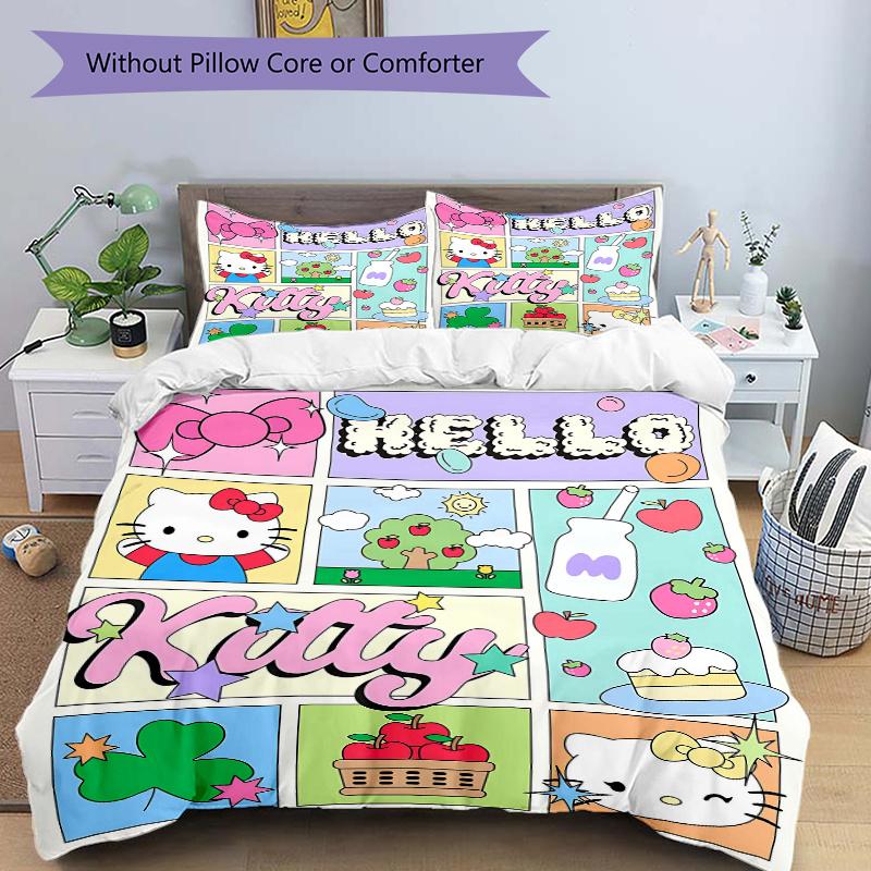 3pcs Hello Kitty's Whimsical World Printed Quilt Set - Includes 1 Quilt Cover and 2 Pillowcases, Machine Washable - Suitable for All Seasons.H054