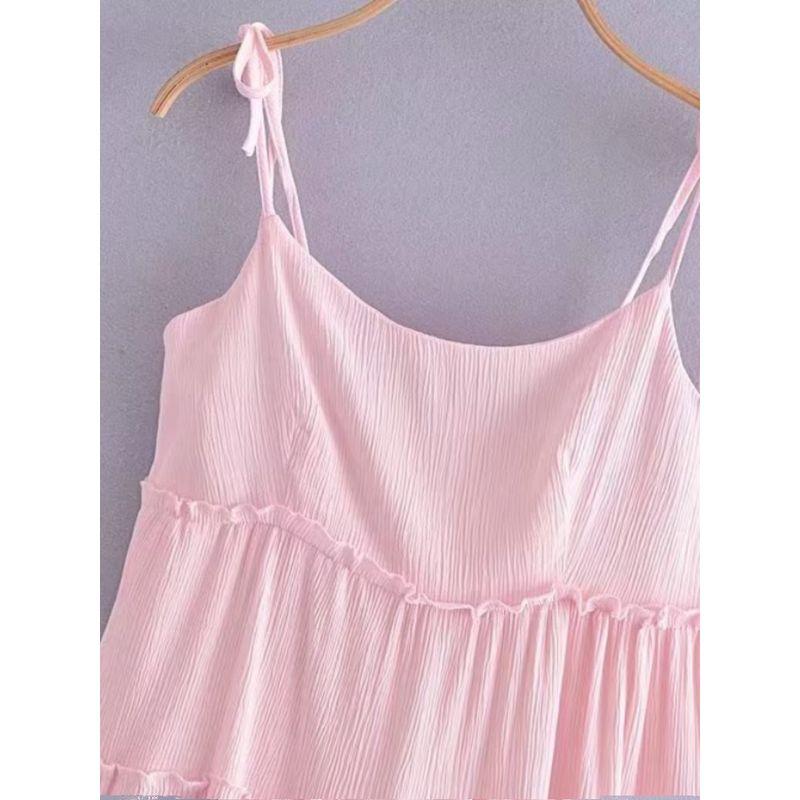 Kaslead New Arrival Women's Clothing Fashion Style Layered Patchwork Pink Sling Dress Loose Versatile Short Skirt