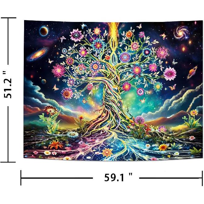 Ameyahud Blacklight Tree of Life Tapestry UV Reactive Neon Tree Tapestry Galaxy Space Tapestries Flower Floral Aesthetic Tapestries Fantasy Forest