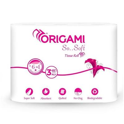 Origami Toilet Roll Pack of 6, 140 Pulls Each 3 Ply (Total 6 Rolls, 840 Sheets)