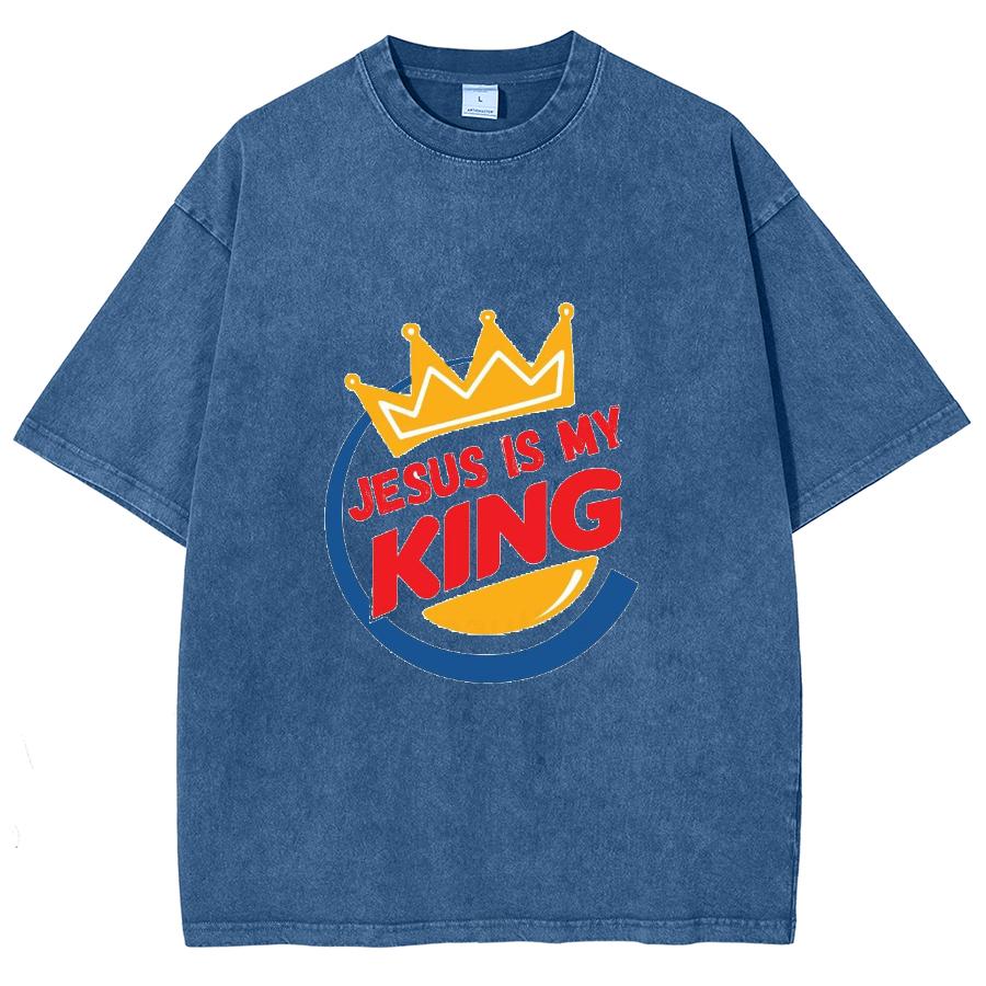 Jesus Is My King Letter Print Women's T-Shirt Wash Oversized Unisex Short Sleeve Simple Casual Design Top Summer