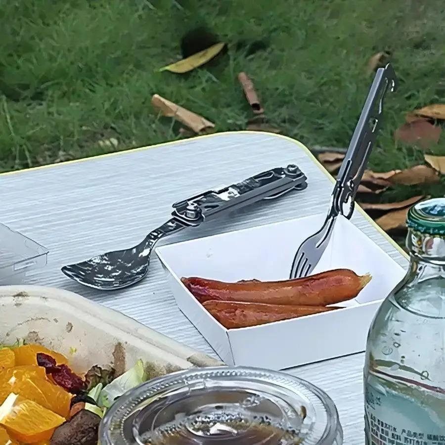 Wielofunkcyjny Zestaw Sztućców Przenośny Składany Stołowy Campingowy Nóż Widelec Łyżka Otwieracz do Konserw Sprzęt Outdoorowy