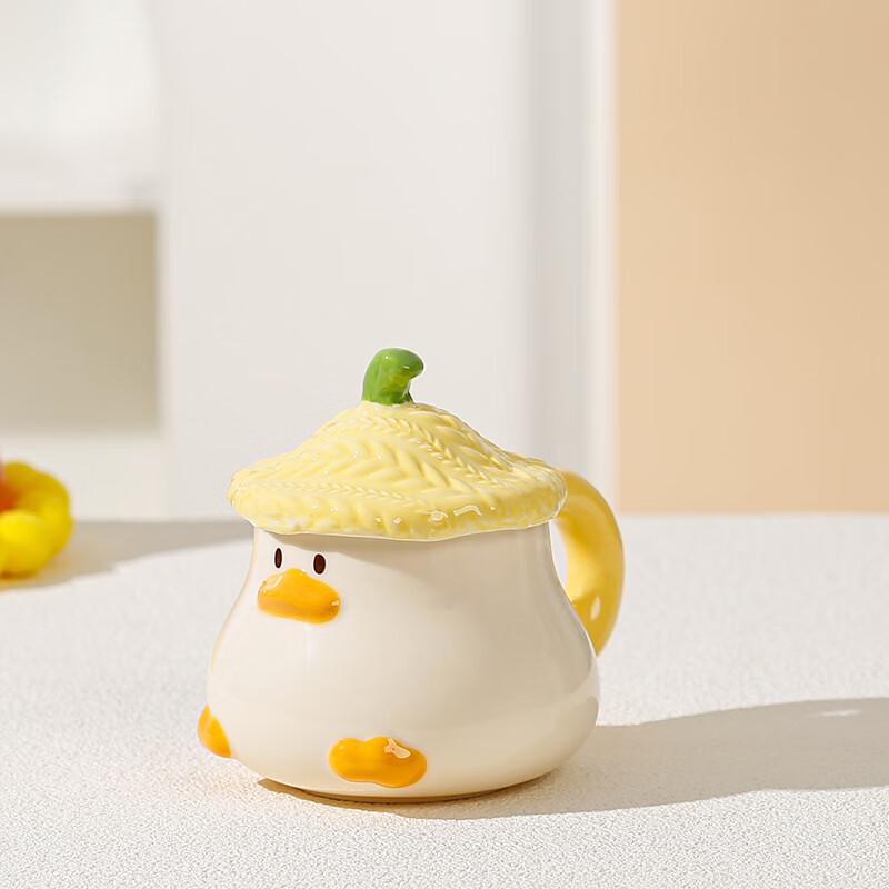 Kreskówkowa ceramiczna filiżanka z kaczuszką, z pokrywką i uchwytem