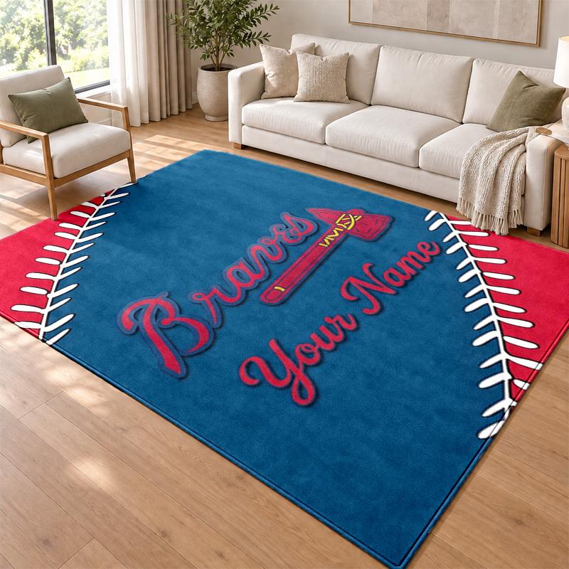 Atlanta Braves Custom Name Personalized Rug Non‑Slip Doormat Floor Carpet Housewarming Birthday Gift for Family Friends
