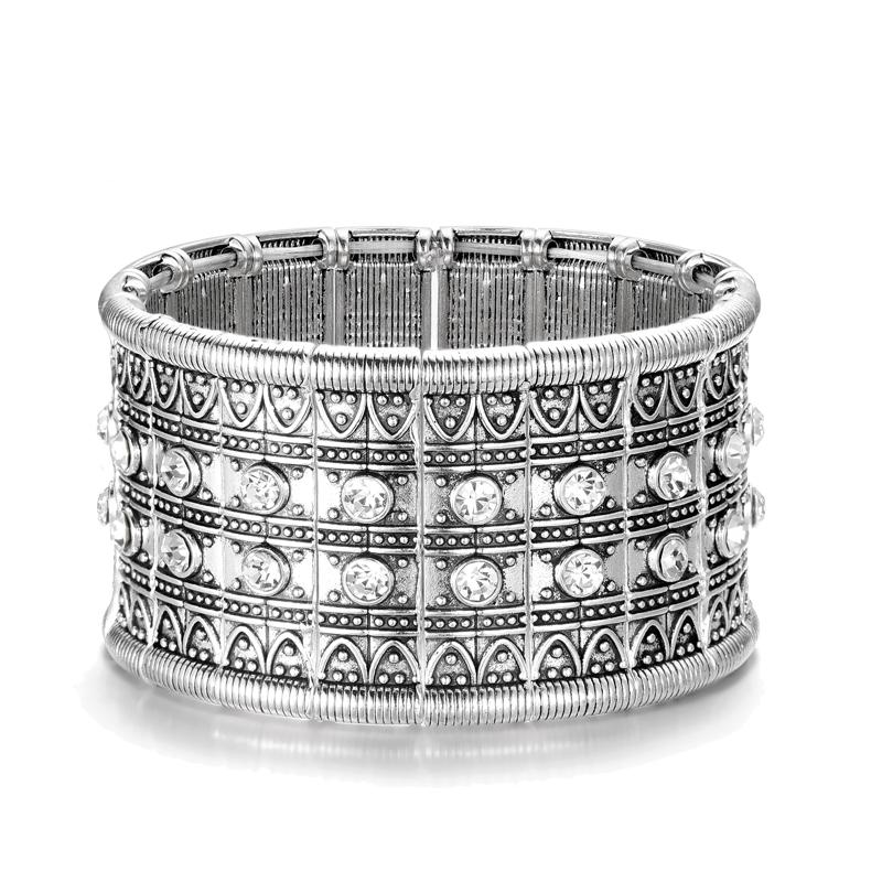 

Ethnic Gypsy Elastic Bracelet Bangle for Women Carved Geometric Crystal Vintage Beach Stretch Boho Bracelet Punk Zircon белый