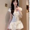 French Gentle Wind Pure White Bubble Sleeve Dress Lace Splicing Date Waist A-word Bud Short Skirt