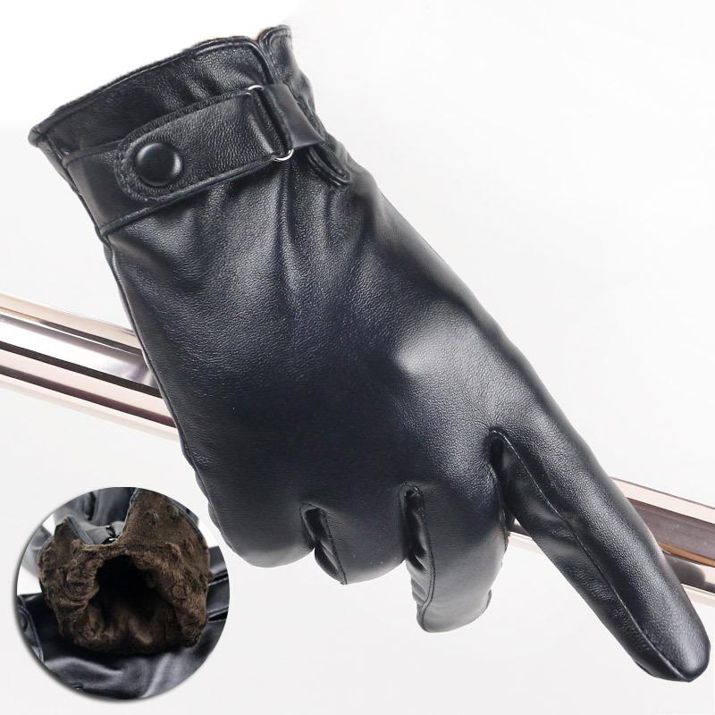 Touch screen leather gloves men's velvet button design imitation leather autumn and winter Korean version cycling driving gloves