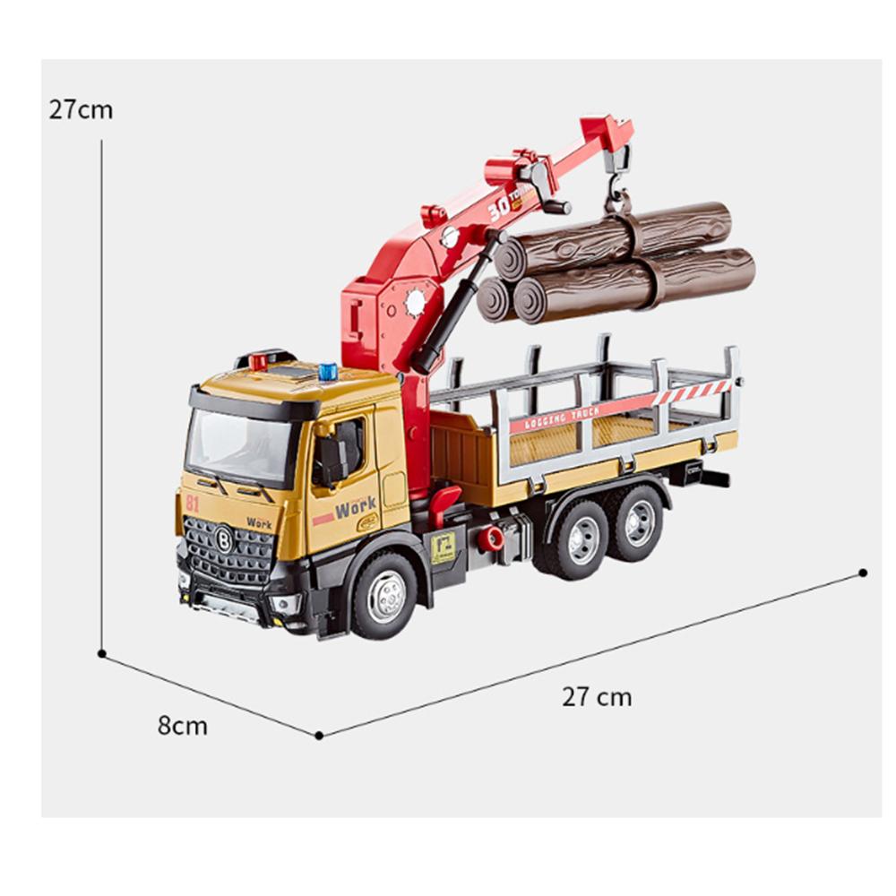 1/24 Scale Wooden Toy Truck Metal Cab, Friction Driven Wooden Truck, Equipped with A Full Function Loading Crane and 3 Loadable Logs, Light and Sound,