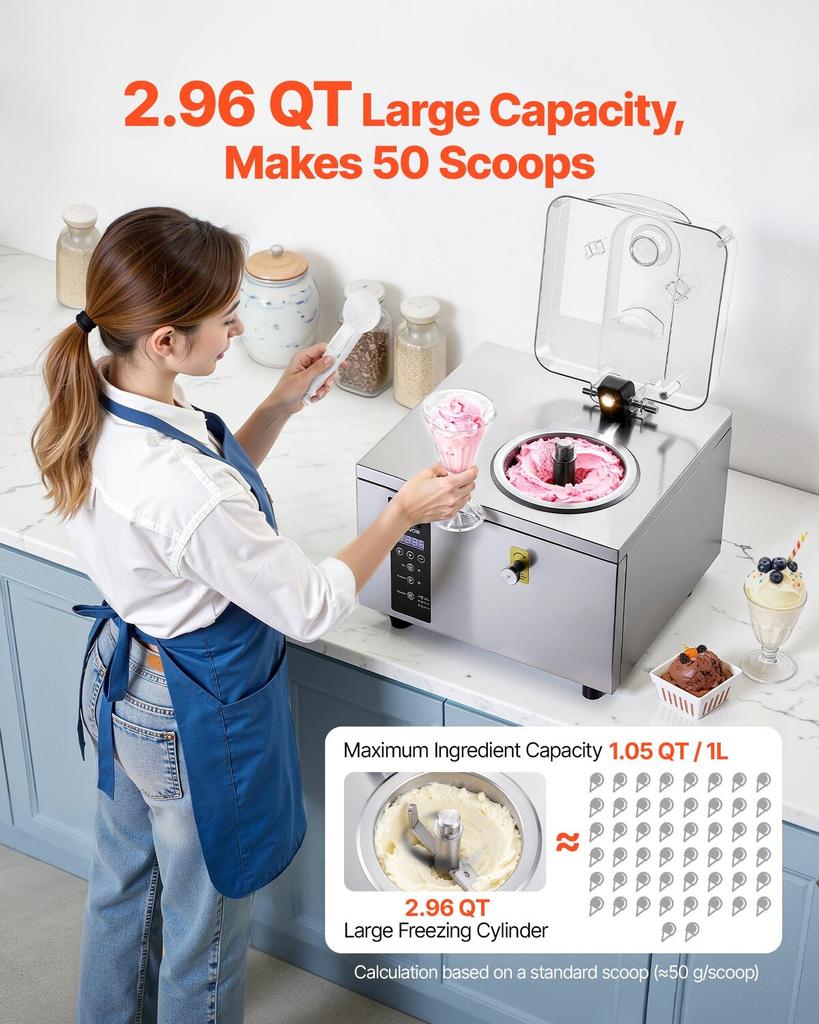 Commercial Hard Ice Cream Machine, 500W 5L Per Hour, Gelato Hard Serve Ice Cream Maker with 2.8L 304 Stainless Steel Cylinder, Auto Clean LED Panel