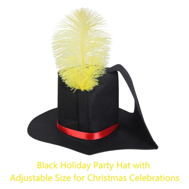 Elegant Black Festive Party Hat Soft  with Yellow Feather for Holiday Caroler Unisex Black Christmas Hat