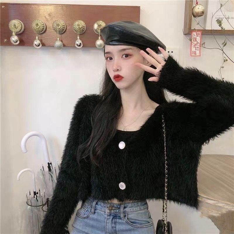 Spring Autumn Women V-neck Imitation Mink Fur Soft Mohair Knitted Sweater Cardigan Coat Short Top