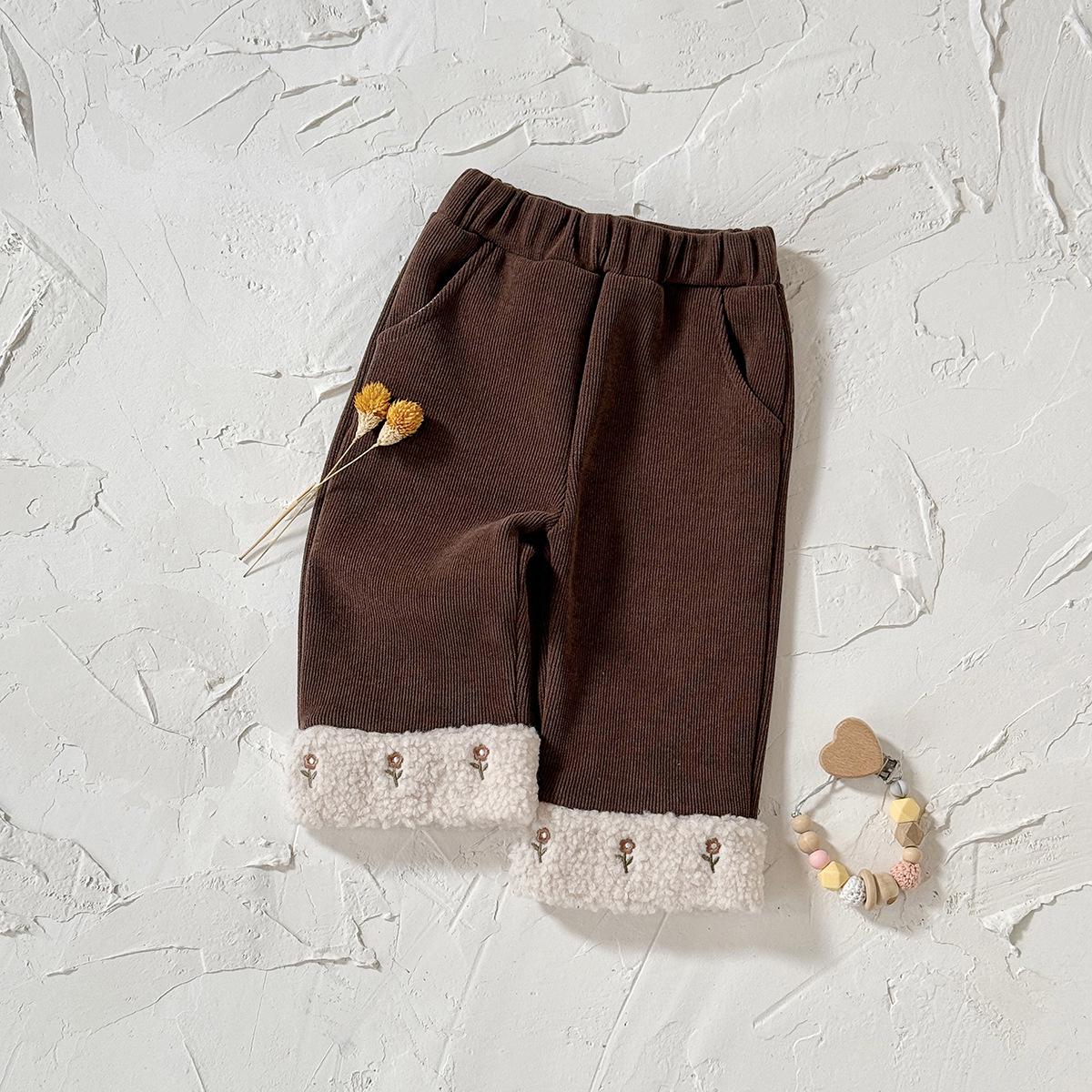 

Girls Winter Fleece-Lined Corduroy Pants with Floral Embroidery 9-12 Months темно-коричневого кольору
