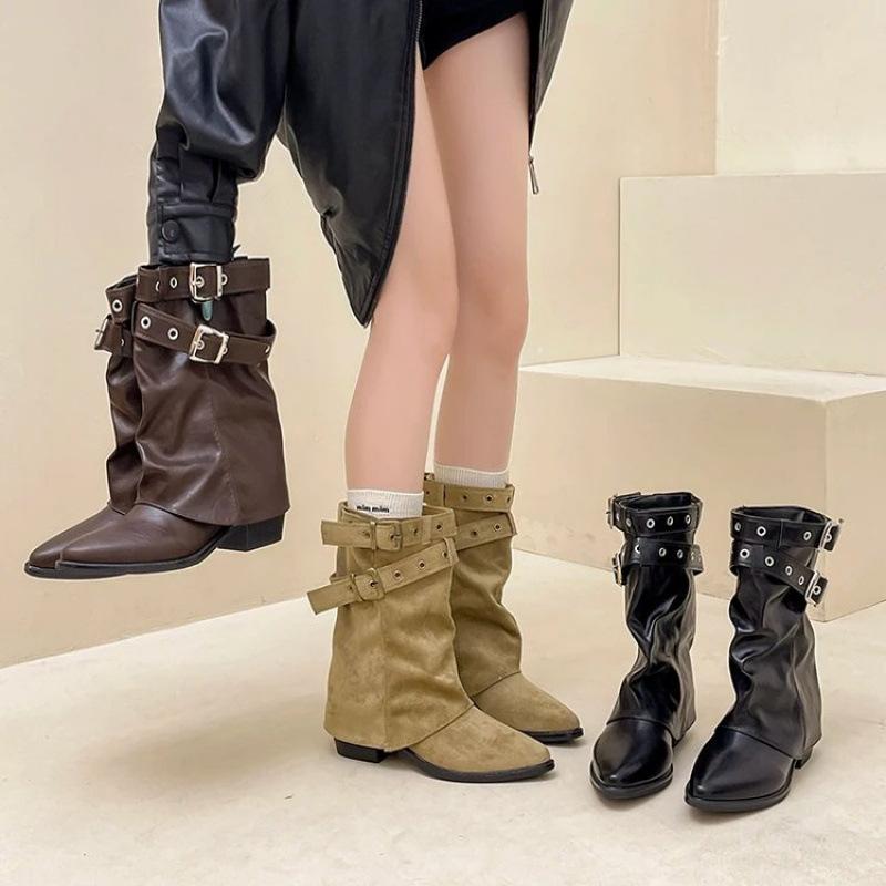 Retro Design Pointed Short Boots Willow Spikes Medium Boots Autumn and Winter Belt Buckle Thick Heel Pile Boots Maillard