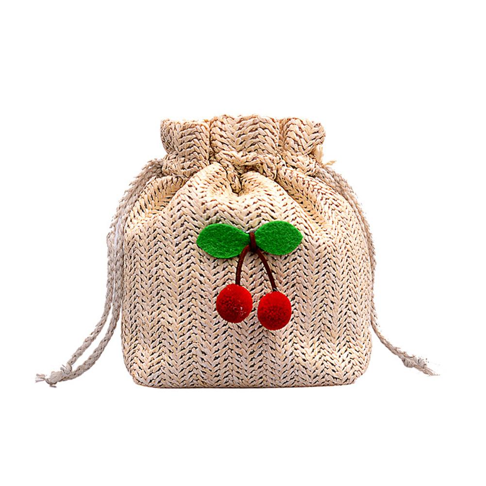 Women Woven Bucket Sling Bag Handmade Cherry Small Weave Straw Bag Drawstring Crossbody Bag Girls Outdoor Daily Bag