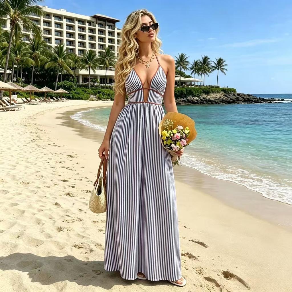 European and American summer new deep V-neck striped holiday dress hot-selling sleeveless dress