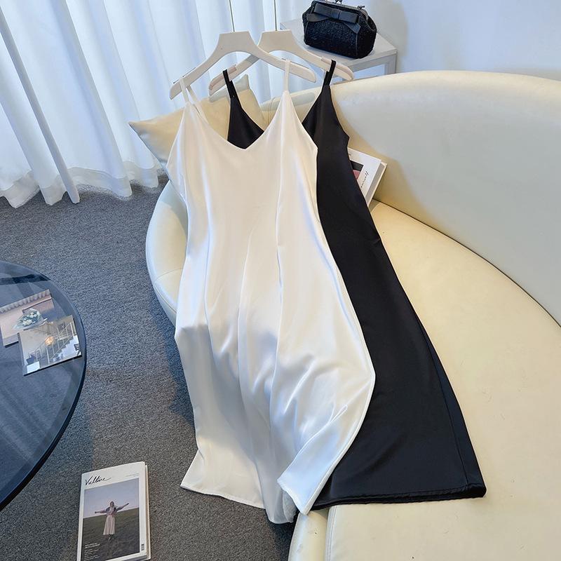 

Premium Plus Size Acetic Acid Satin Mid-length Sleeveless Dress - Simple, Versatile, Flattering, Slimming 3XL (120-140 jin) белый