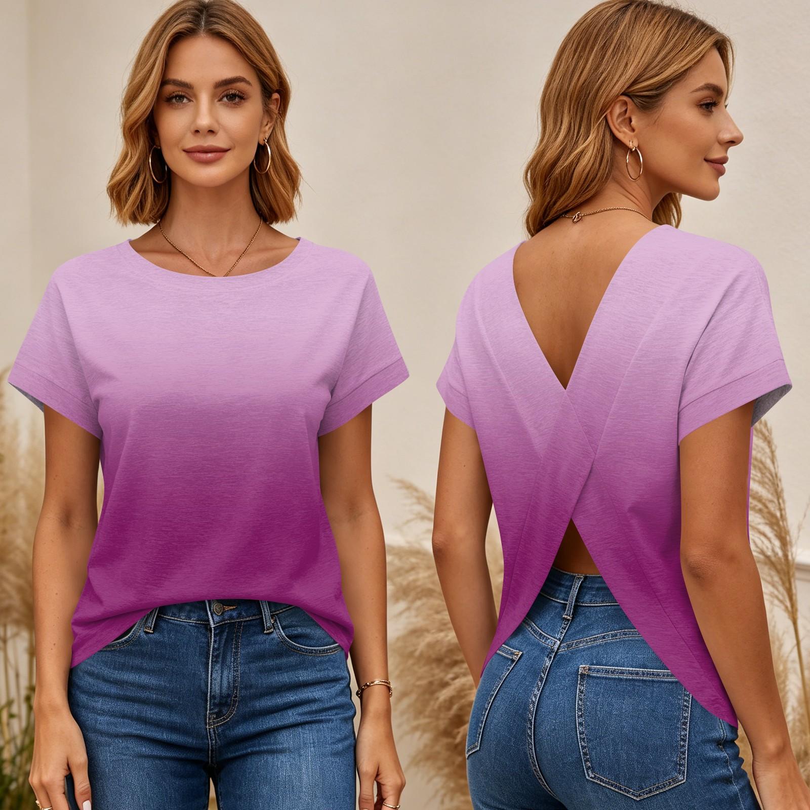 

Women Short Sleeve T-Shirt Gradient Print Cross Back Open Back Top Casual Lightweight Summer Tee XL