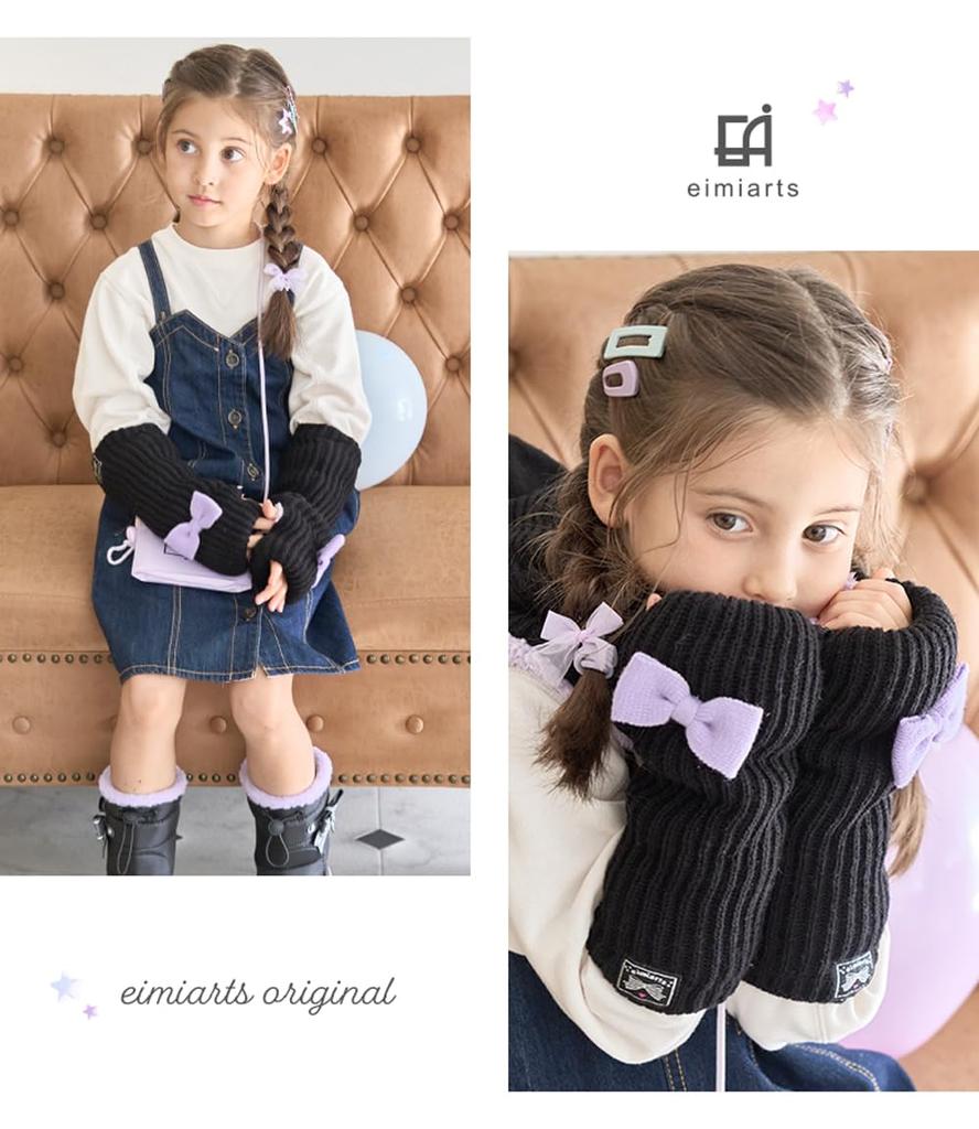 Arm Warmers for Gloves for Gloves for Cold Fleece Black Lavender [Arisana] Kids, Girls, Ribbon, Winter, Knit, Children, Protection, Lining, Fur,