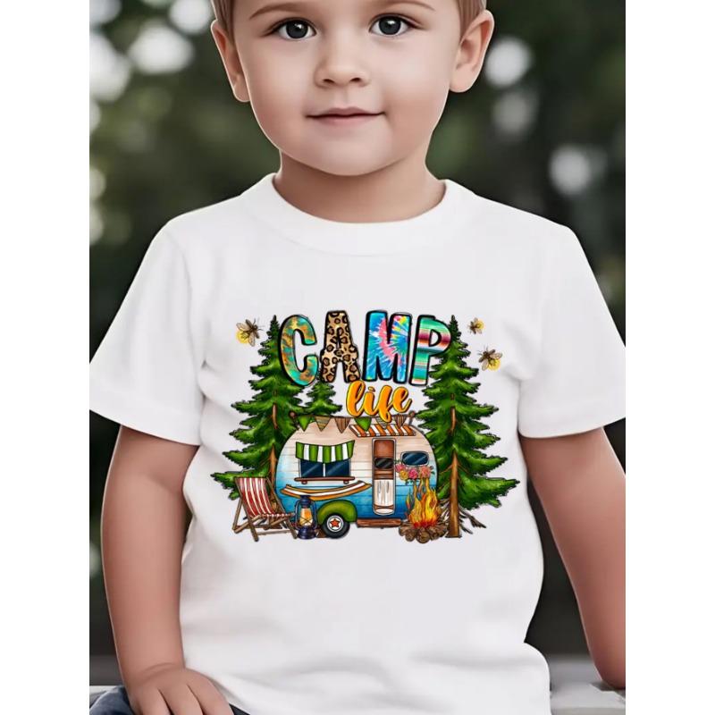 European sizes Summer Boys  Stylish Short-Sleeve Outdoor Casual Top Featuring Camping Elements 110 белый