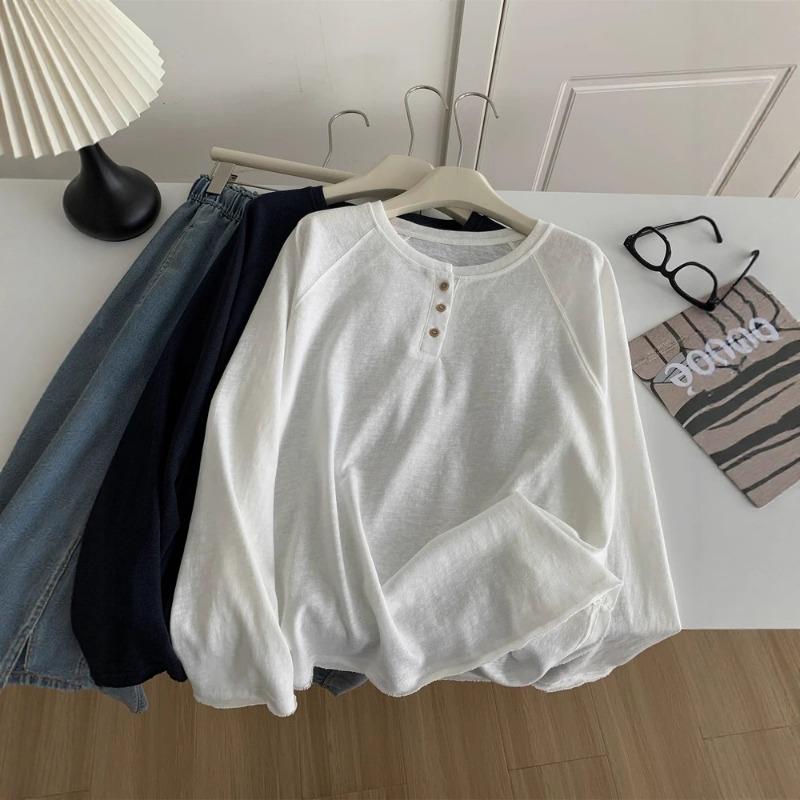 

Autumn New Fashion Versatile Long-sleeved T-shirt Simple Solid Color Round Neck Top M белый