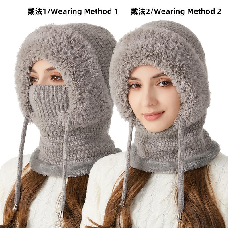 Women Fleece Lined Knit Hat Set Winter Warm Knitted Hat 3 in 1 Hooded One Piece Snow Cap W/Scarf & Mask for Cold Weather Protect