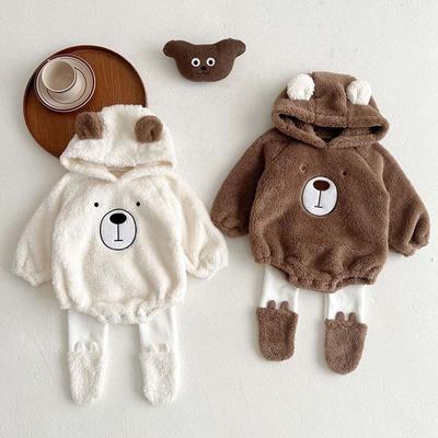 Kids Clothes Cute Bear Baby Romper Autumn Winter Plus Velvet Hooded Crawl Suit Soft Warm Tops Trousers Toddler Clothing Set