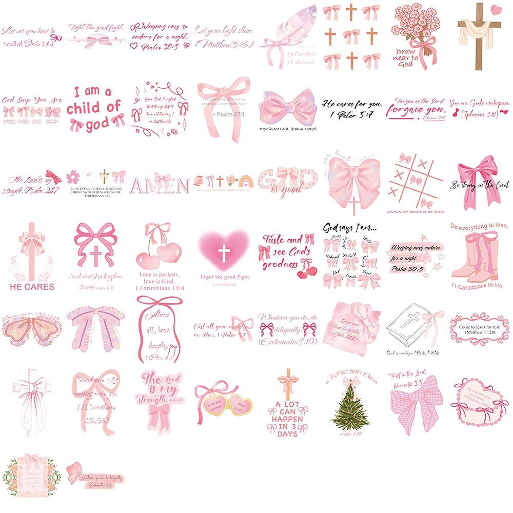 10/30/50pcs Transparent Bible Christ Phrases Stickers Pink Bow Aesthetic Decals DIY Luggage Guitar Notebook Cute Cartoon Sticker