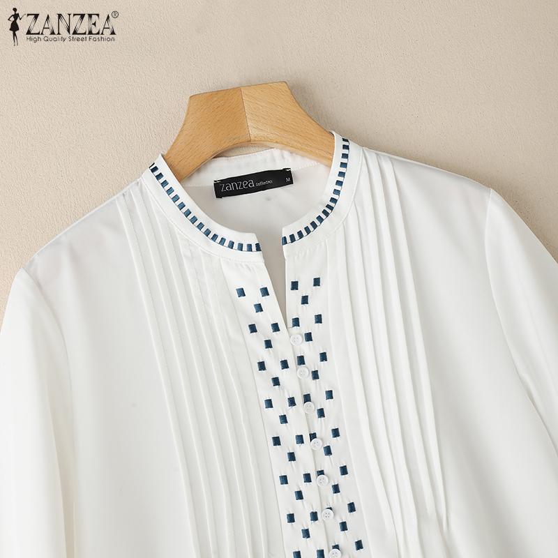ZANZEA Women Casual Round Neck Loose Half Sleeve Geometric Embroidery Blouse