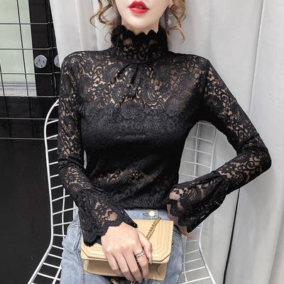 2026 Spring Fashion Sexy Mesh Hollow Bell Sleeve Top High Neck Lace Base Shirt Women's Long Sleeve Undergarment