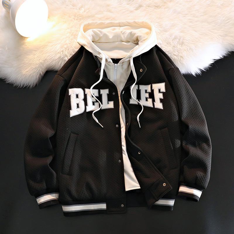 

Fake Two-piece Hooded Jacket Loose American Jacket Men s Spring and Autumn High-end Baseball Jersey XL чорний