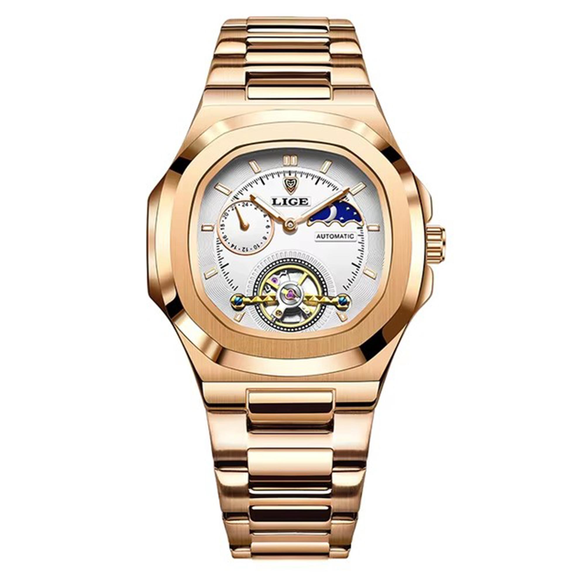 

LIGE Dual Seconds Tourbillon Watch 24 Hour Mechanical Watch Нержавеющая сталь Authentic Men Watch серебряный/розового золота