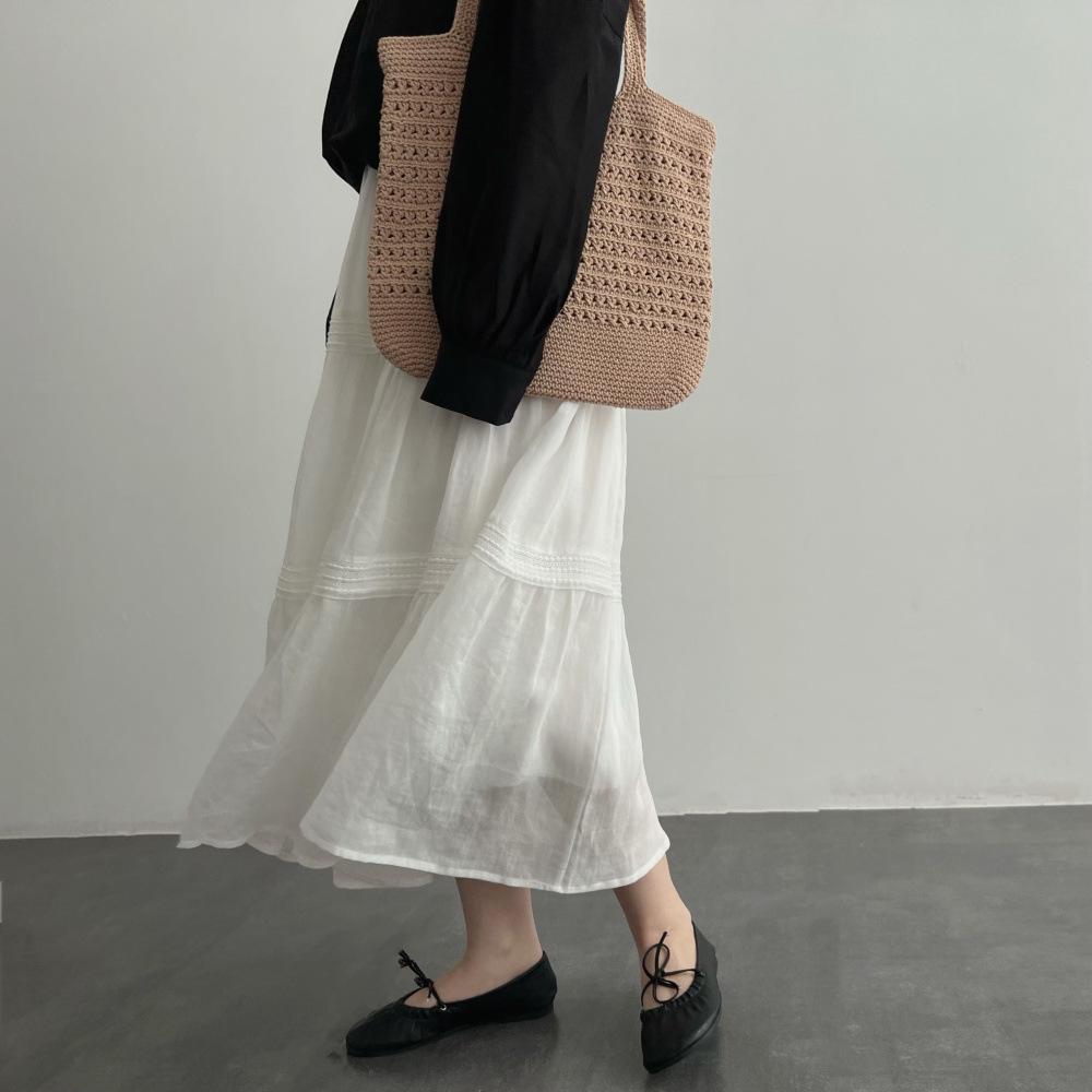 Women's High Waist White Lace Patchwork Ramie A-line Midi Skirt - Spring/Summer 2025