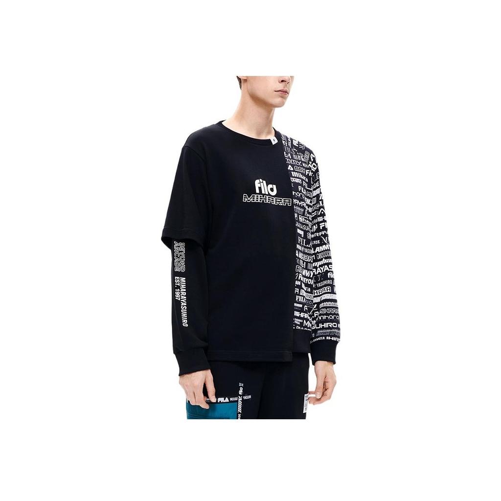 FILA Large Logo Irregular Letter Print Crew Neck Long Sleeve Sweatshirt Men sweatshirt Black F11M233204F-BK