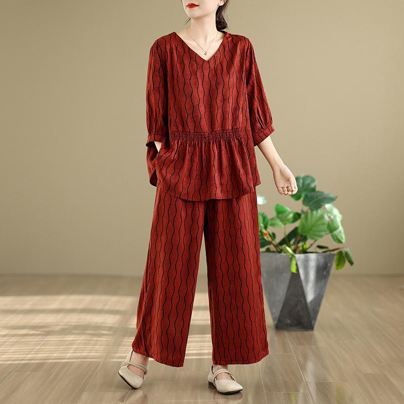 Real Shot 2025: Chic Slimming Plus-Size Summer Two-Piece Set with Light Mature Style and Wide-Leg Pants