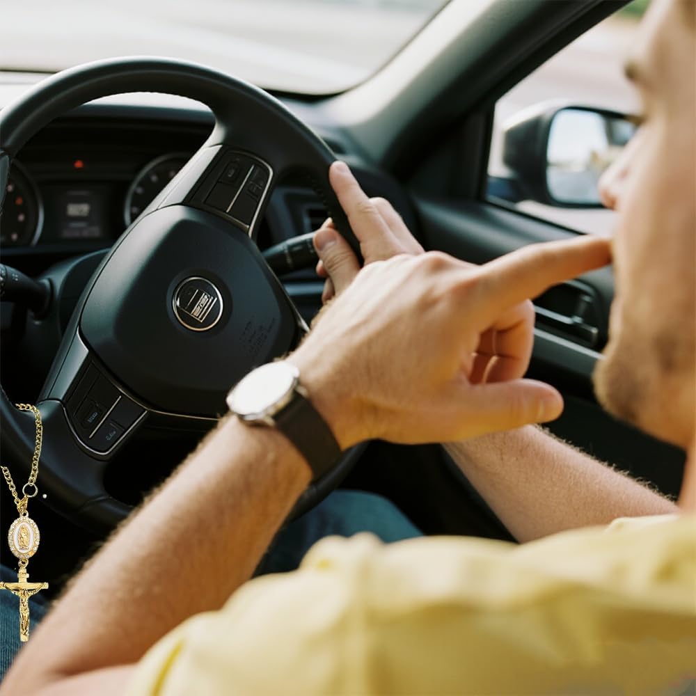 Steering Wheel Rosary Charm Accessory, Charm for Car Rearview Mirror, Catholic Rosary Hanging Pendant with Crucifix Cross, Virgin Mary Charms & Rope
