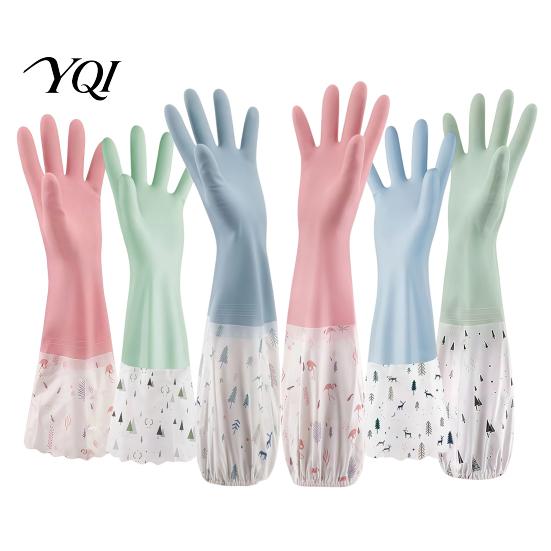 Rubber Dishwashing Gloves with Fleece Lining Long Sleeves Gloves, Thick Non-Slip Silicone Cleaning Wear Resistant Dish Velvet Reusable Waterproof