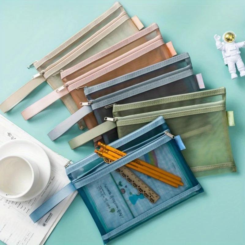 A4/A5 Morandi Double-layer Transparent Nylon Mesh Student Test Paper Classification Material Storage Bag,file Bag,pen Bag