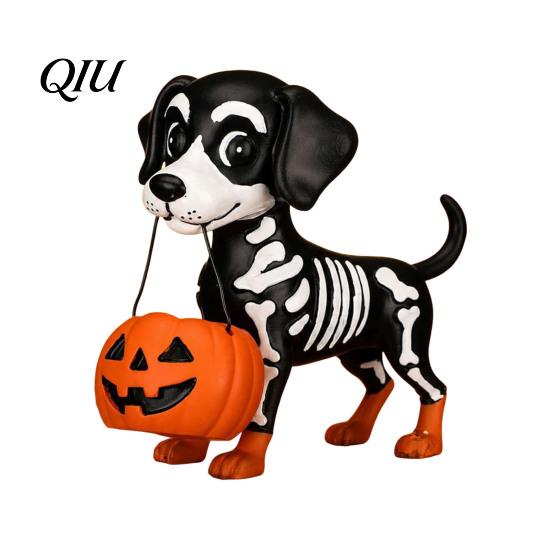 Mini Ghost Figurine Halloween Figurine, Cute Reading Statue, Ornament with Small Mantel Decor Pumpkin Bucket, Skeleton Puppy Tabletop for Home